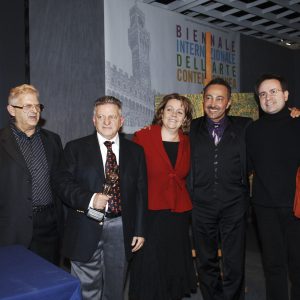 From left to right: The Director of the Biennale, Piero Celona, President of the Florence Biennale , Pasquale Celona with the prize “Artists for Human Rights”, Susanna Agostini President of the Health Commission and Social Politics of Florence, Artist Painter and cancer researcher Antoine Gaber, Alessandro Benedetti, Secretary of the Meyer Hospital Foundation, Angelina Herrera Florence Biennale Passion for Life Coordinator of events