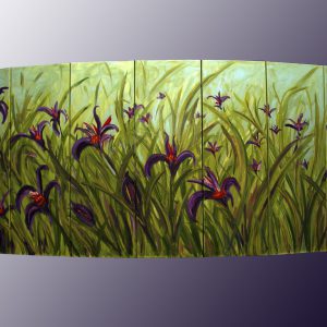 Antoine Gaber e il suo ‘dipinto’ con curvature chiamato ‘Campo di Iris selvaggi color malva’ in cui si nota la tecnica innovativa presentato durante la Biennale Internazionale dell’Arte Contemporanea 2005