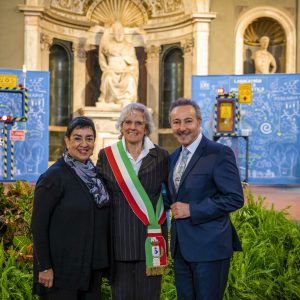 “Water for Life” Children and Adolescent Art Workshop Exhibition, at the Palazzo Vecchio, Salone Dei 500 , in Florence, Italy. Anna Ravoni, Mayor of the city of Fiesole, Antoine Gaber and Angelina Herrera during the opening of the event.