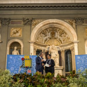 “Water for Life” Children and Adolescent Art Workshop Exhibition, at the Palazzo Vecchio, Salone Dei 500 , in Florence, Italy. During the Opening event, on stage Antoine Gaber Artist Director of Water for Life Intrenational Art Exhibitions, and Angelina Herrera.